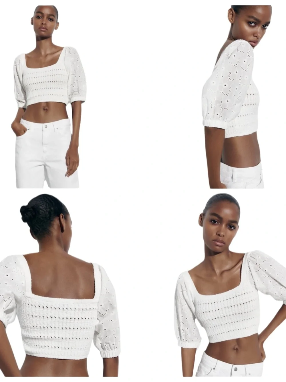 Zara Contrast Knit Crop Top White Eyelet Size Medium